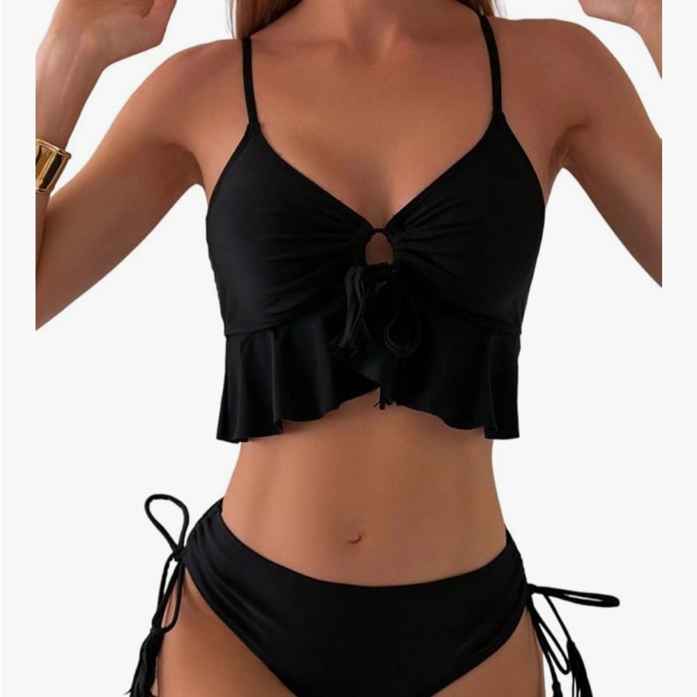 Zaful Black Tie-Front Ruffle Bikini